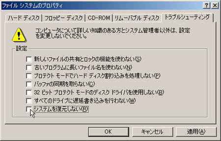 ファイル システムのプロパティ - [トラブルシューティング] タブ (Windows Me)
