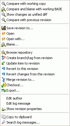 The Revision Log Dialog Top Pane with Context Menu