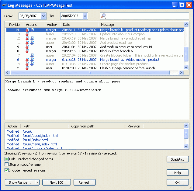 The Log Dialog Showing Merge Tracking Revisions