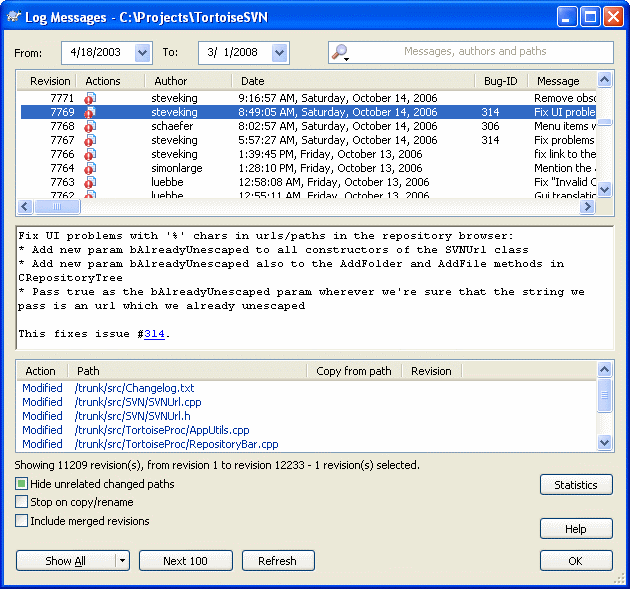 The Revision Log Dialog