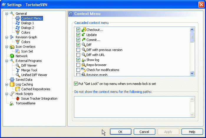 The Settings Dialog, Context Menu Page