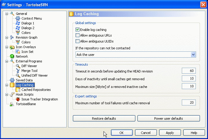 The Settings Dialog, Log Cache Page