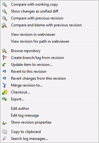 The Revision Log Dialog Top Pane with Context Menu