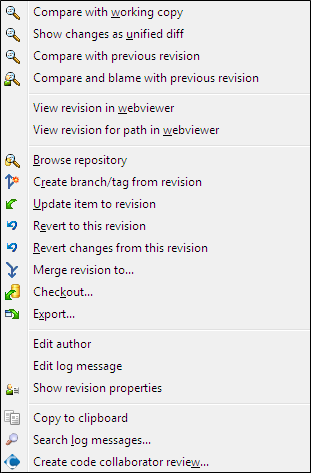 The Revision Log Dialog Top Pane with Context Menu