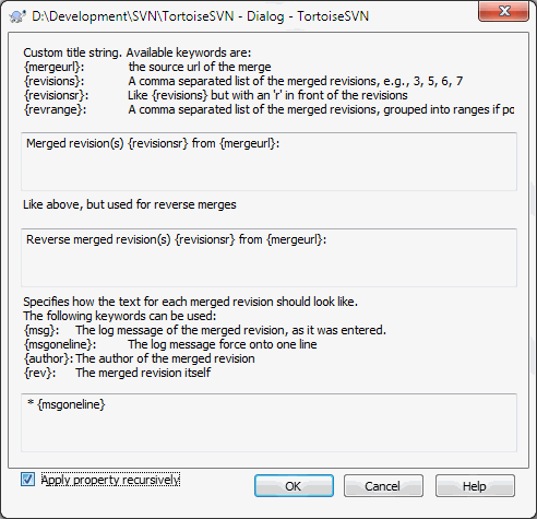 Property dialog merge log message templates