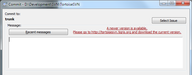 The commit dialog, showing the upgrade notification