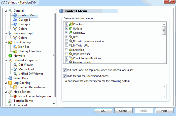 The Settings Dialog, Context Menu Page