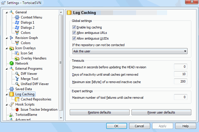 The Settings Dialog, Log Cache Page